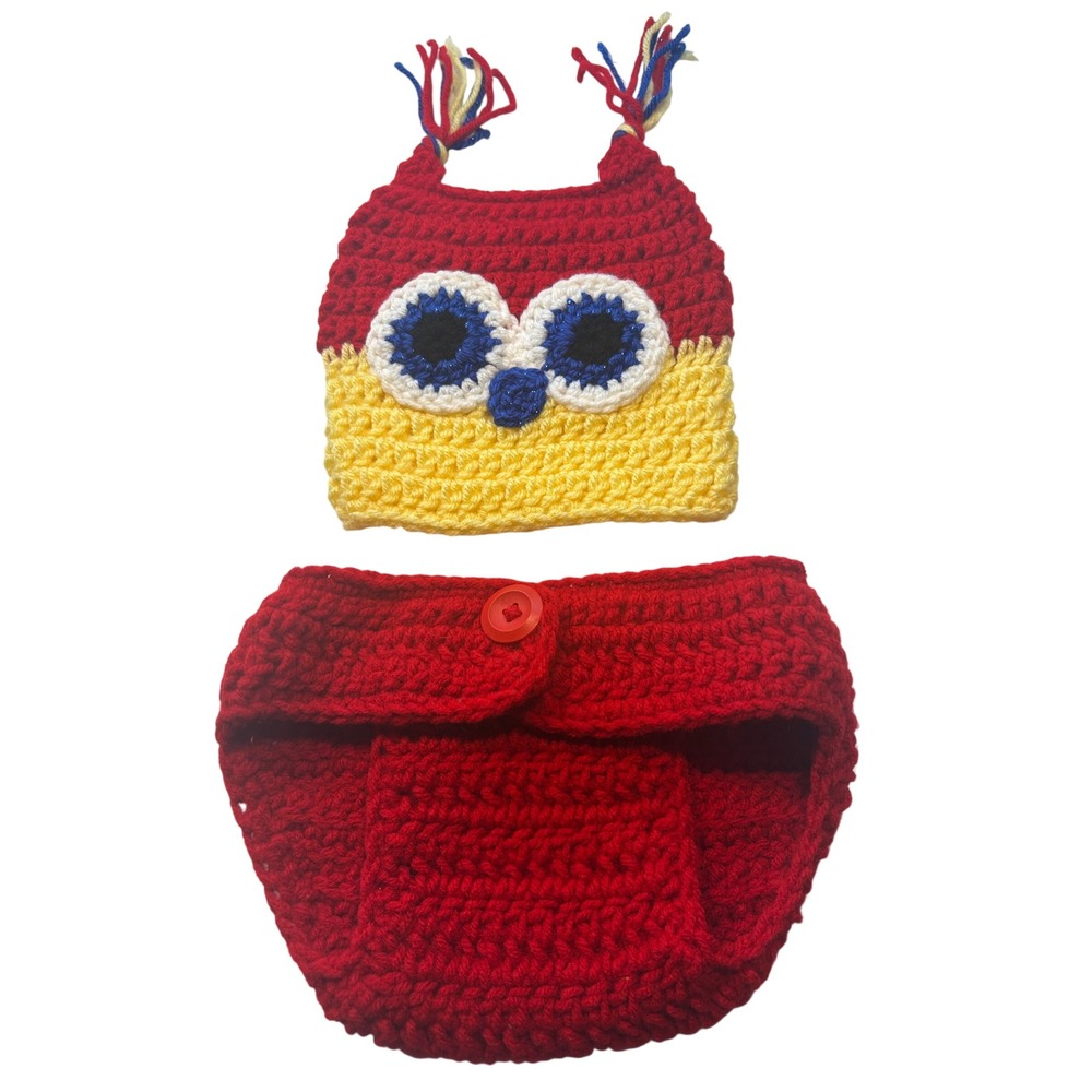 Handmade Crochet Owl Diaper Cover Set Kids Newborn Red Yellow Animal Photo Prop